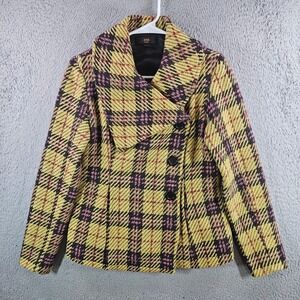 Zink London Womens Yellow Plaid Wool Blend Asymmetric Button Front Jacket Size M